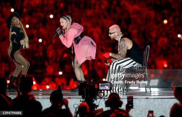 Singer Madonna and Colombian singer Maluma perform together, during the 'Medallo en el Mapa' concert at Estadio Atanasio Girardot on April 30, 2022...