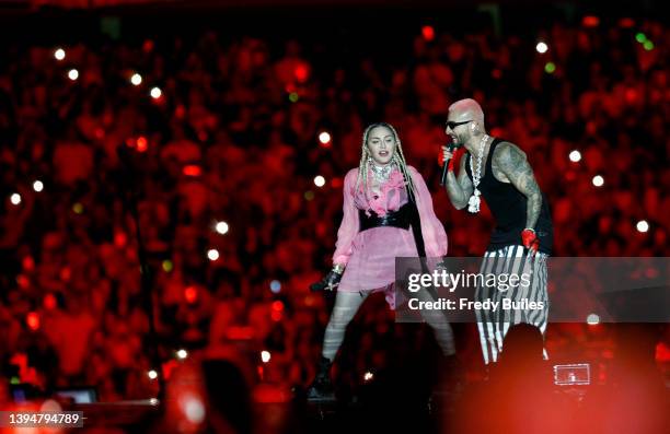 Singer Madonna and Colombian singer Maluma perform together, during the 'Medallo en el Mapa' concert at Estadio Atanasio Girardot on April 30, 2022...