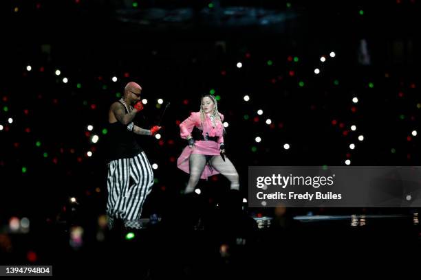 Singer Madonna and Colombian singer Maluma perform together, during the 'Medallo en el Mapa' concert at Estadio Atanasio Girardot on April 30, 2022...