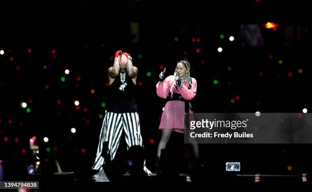 Singer Madonna and Colombian singer Maluma perform together, during the 'Medallo en el Mapa' concert at Estadio Atanasio Girardot on April 30, 2022...