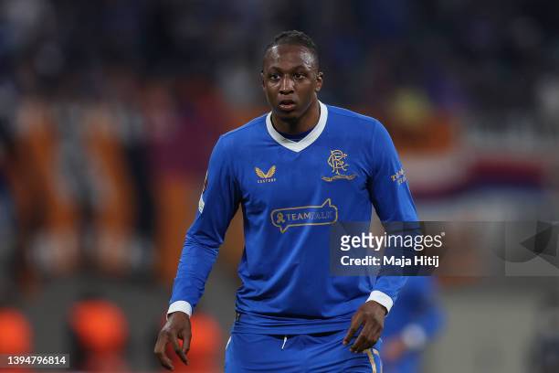 Joe Aribo of Rangers looks on during the UEFA Europa League Semi Final Leg One match between RB Leipzig and Rangers at Football Arena Leipzig on...