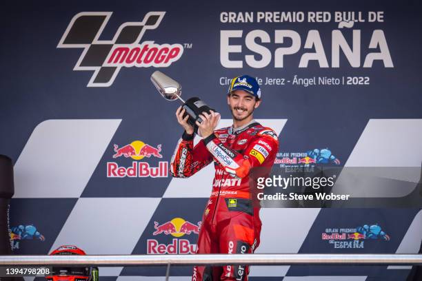 Francesco Bagnaia of Italy and Ducati Lenovo Team celebrates with his trophy the race win during the race of the MotoGP Gran Premio Red Bull de...