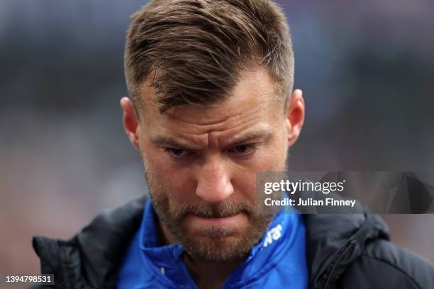 Andriy Yarmolenko of West Ham United looks on prior to kick off of the Premier League match between West Ham United and Arsenal at London Stadium on...