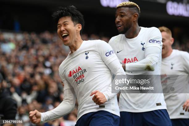 Son Heung-Min of Tottenham Hotspur celebrates after scoring the third goal during the Premier League match between Tottenham Hotspur and Leicester...