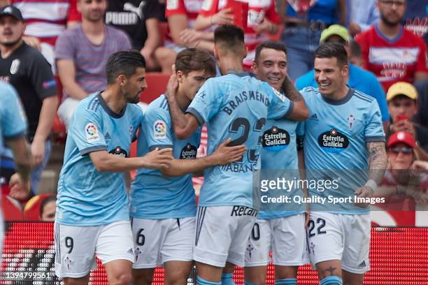 Iago Aspas of RC Celta de Vigo celebrates after scoring his team's first goal during the LaLiga Santander match between Granada CF and RC Celta de...
