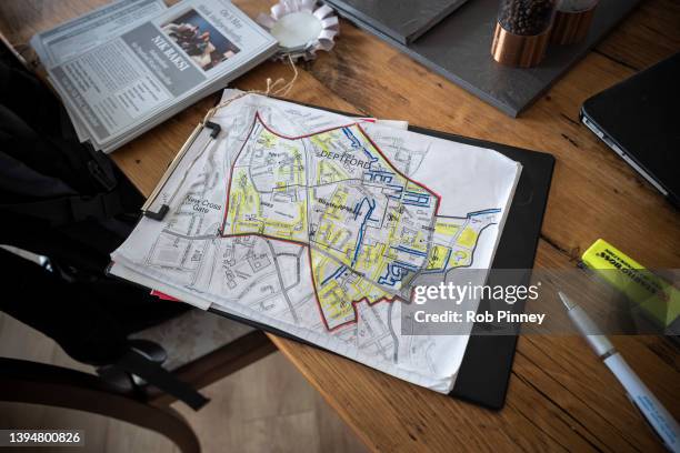 Map of newly-created Deptford ward in Lewisham is seen on a table in Independent candidate Nik Baksi's home on May 01, 2022 in London, England....