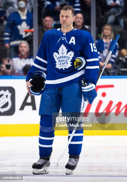 Jason Spezza of the Toronto Maple Leafs looks on during the national anthem before playing the Boston Bruins at the Scotiabank Arena on April 29,...