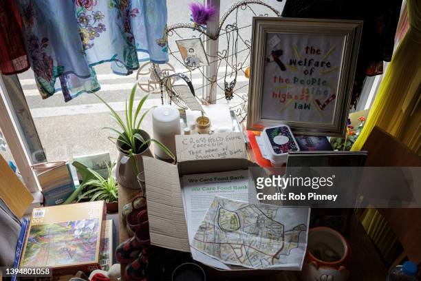 Box of election leaflets is seen on a table at Kath's Place, a food bank and charity shop in Deptford, on May 01, 2022 in London, England. A number...