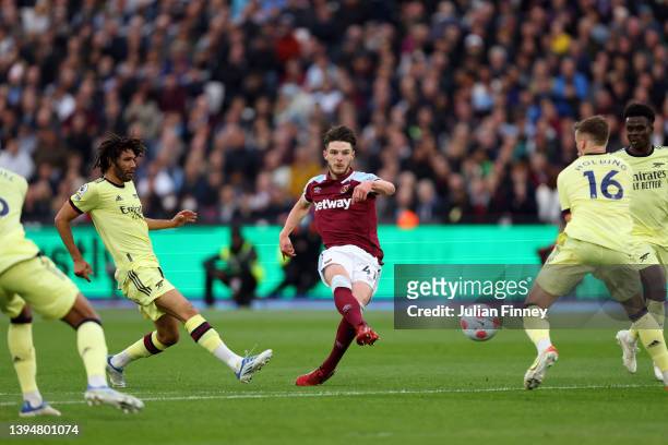 Declan Rice of West Ham United has a shot on goal during the Premier League match between West Ham United and Arsenal at London Stadium on May 01,...