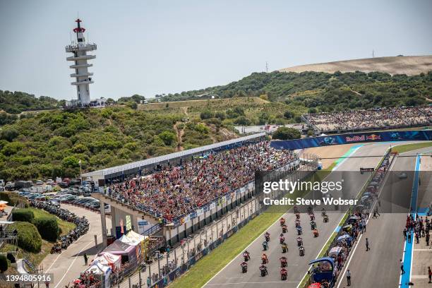 MotoGP race start from the top during the race of the MotoGP Gran Premio Red Bull de España at Circuito de Jerez on May 01, 2022 in Jerez de la...