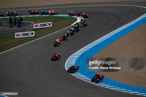 Francesco Bagnaia of Italy and Ducati Lenovo Team leads during the race of the MotoGP Gran Premio Red Bull de España at Circuito de Jerez on May 01,...