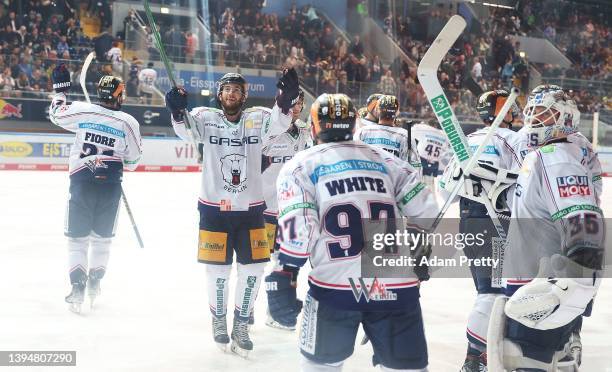 Blaine Byron of Berlin celebrates victory after the DEL Playoff Final Game 2 between EHC Red Bull Muenchen v Eisbaeren Berlin at Olympia Eishalle on...