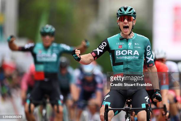 Sam Bennett of Ireland and Team Bora - Hansgrohe celebrates at finish line as race winner during the 59th Eschborn-Frankfurt 2022 a 185km one day...
