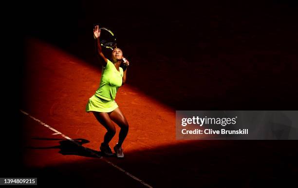 Leylah Fernandez of Canada serves in her second round match against Jil Teichmann of Switzerland during day four of the Mutua Madrid Open at La Caja...