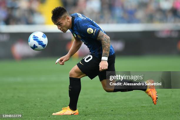 Lautaro Martinez of FC Internazionale in action during the Serie A match between Udinese Calcio and FC Internazionale at Dacia Arena on May 01, 2022...