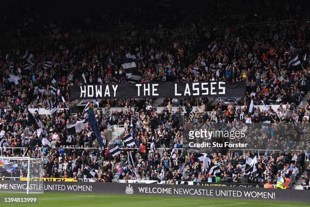Flag in the gallowgate end reads 'Howay The Lasses' during the FA Women's National League Division One North match between Newcastle United Women and...