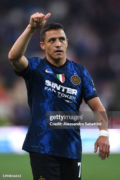 Alexis Sanchez of FC Internazionale celebrates during the Serie A match between Udinese Calcio and FC Internazionale at Dacia Arena on May 01, 2022...