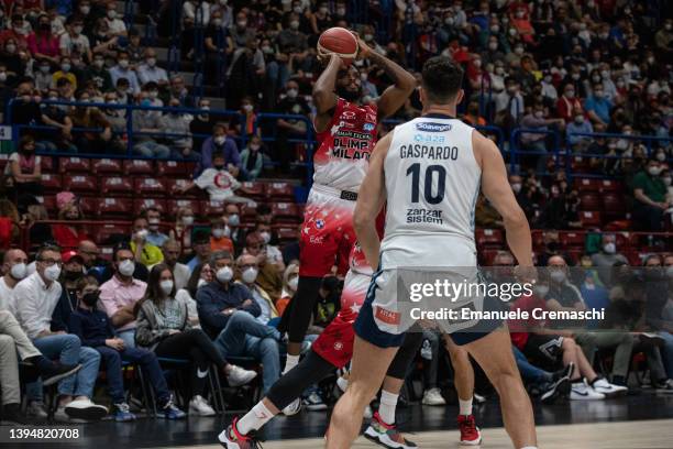 Troy Daniels, #30 of AX Armani Exchange Olimpia Milano, shoots the ball during the LBA Lega Basket Serie A Round 29 match between AX Armani...