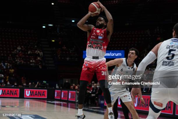 Troy Daniels, #30 of AX Armani Exchange Olimpia Milano, shoots the ball during the LBA Lega Basket Serie A Round 29 match between AX Armani...