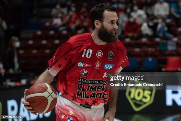 Luigi Datome, #70 of AX Armani Exchange Olimpia Milano, warms up prior to the start of the LBA Lega Basket Serie A Round 29 match between AX Armani...