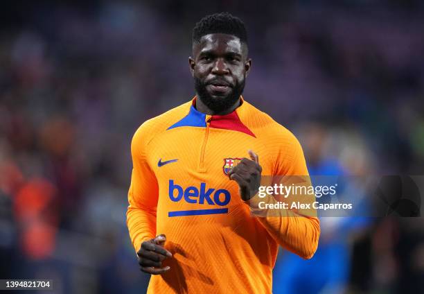 Samuel Umtiti of FC Barcelona warms up ahead of the LaLiga Santander match between FC Barcelona and RCD Mallorca at Camp Nou on May 01, 2022 in...