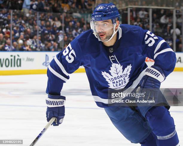 Mark Giordano of the Toronto Maple Leafs skates against the Boston Bruins during an NHL game at Scotiabank Arena on April 29, 2022 in Toronto,...
