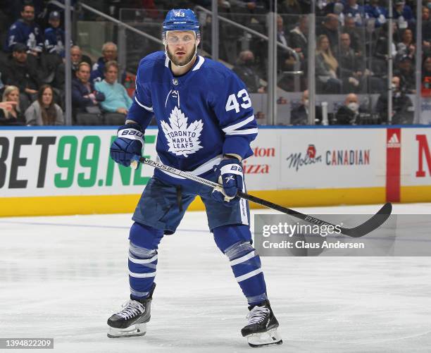 Kyle Clifford of the Toronto Maple Leafs skates against the Boston Bruins during an NHL game at Scotiabank Arena on April 29, 2022 in Toronto,...