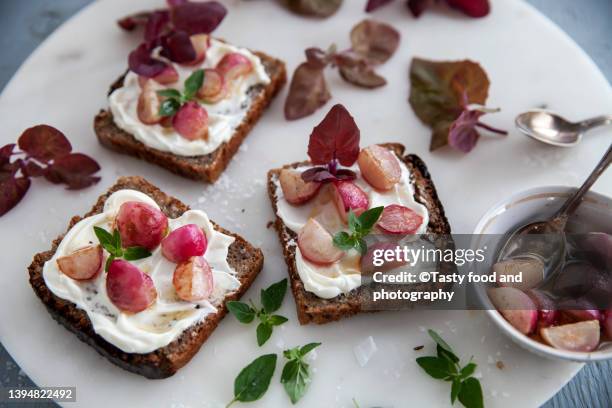 roasted radish sandwich made of bread and crewam cheese - rye bread stock pictures, royalty-free photos & images