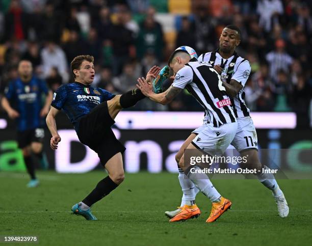 Nicolo Barella of FC Internazionale in action during the Serie A match between Udinese Calcio and FC Internazionale at Dacia Arena on May 01, 2022 in...