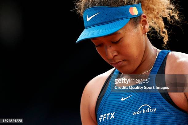 Naomi Osaka of Japan reacts against Sara Sorribes Tormo of Spain during their Women's Singles match on Day Four of the Mutua Madrid Open at La Caja...