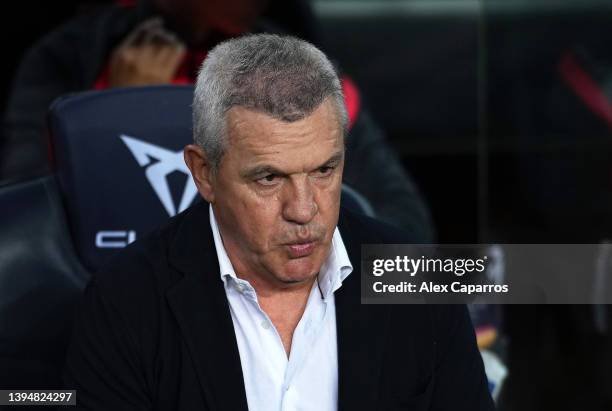 Javier Aguirre, Head Coach of Real Mallorca looks on during the LaLiga Santander match between FC Barcelona and RCD Mallorca at Camp Nou on May 01,...