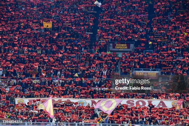 Roma fans during the Serie A match between AS Roma and Bologna FC at Stadio Olimpico on May 01, 2022 in Rome, Italy.