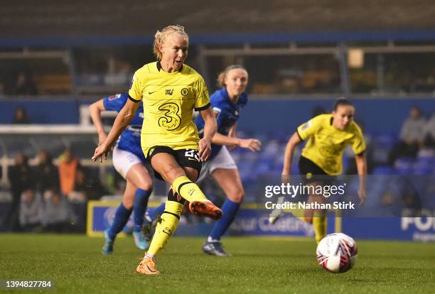 Pernille Harder of Chelsea Women scores their sides first goal from the penalty spot during the Barclays FA Women's Super League match between...