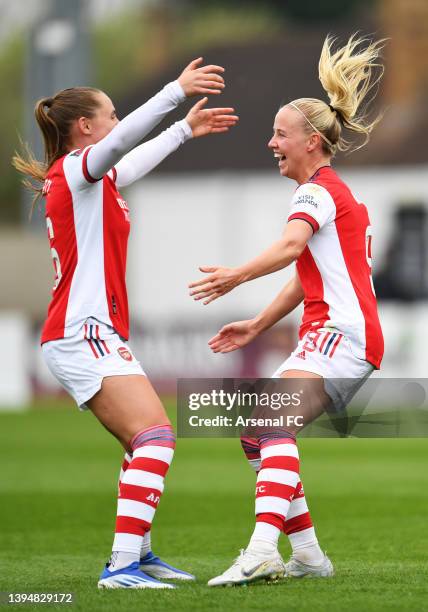 Beth Mead of Arsenal celebrates with teammate Noelle Maritz after scoring their team's fourth goal during the Barclays FA Women's Super League match...