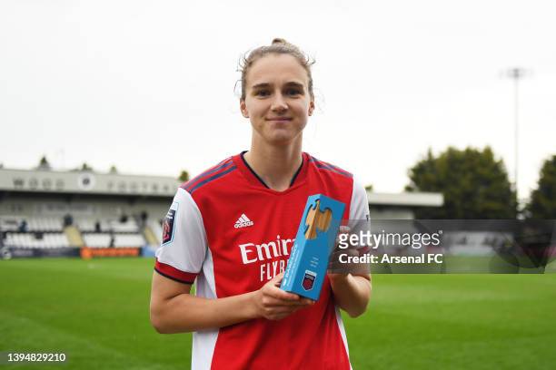 Vivianne Miedema of Arsenal poses for a photo with their Player of the Match trophy after the Barclays FA Women's Super League match between Arsenal...