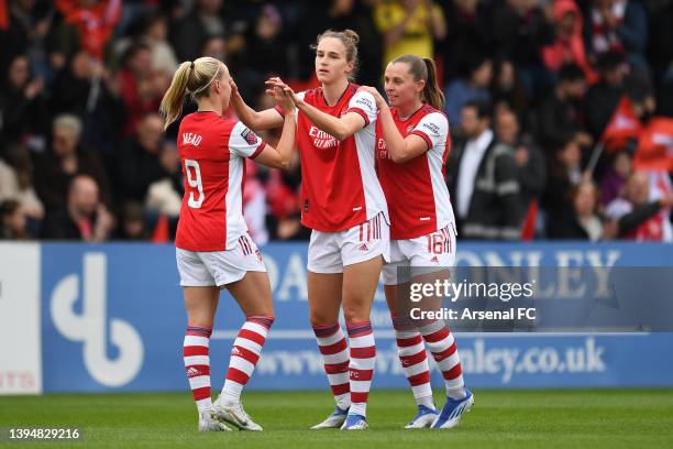 Vivianne Miedema of Arsenal celebrates with teammates Beth Mead and Noelle Maritz after scoring their team's second goal during the Barclays FA...