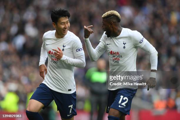 Son Heung-Min of Tottenham Hotspur celebrates with Emerson after scoring the third goal during the Premier League match between Tottenham Hotspur and...