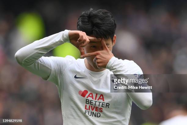 Son Heung-Min of Tottenham Hotspur celebrates after scoring the third goal during the Premier League match between Tottenham Hotspur and Leicester...