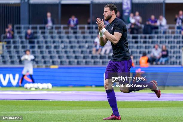 Wesley Hoedt of RSC Anderlecht prior to the Jupiler Pro League - Championship Round match between RSC Anderlecht and Club Brugge at Lotto Park on May...