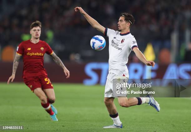 Denso Kasius of Bologna controls the ball during the Serie A match between AS Roma and Bologna FC at Stadio Olimpico on May 01, 2022 in Rome, Italy.