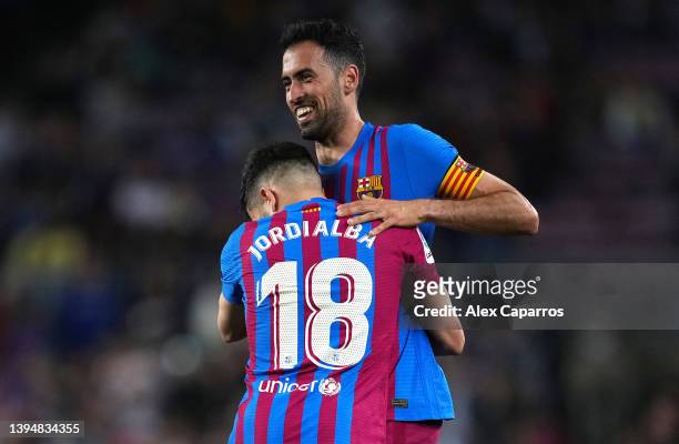 Sergio Busquets of FC Barcelona celebrates their sides second goal with team mate Jordi Alba during the LaLiga Santander match between FC Barcelona...