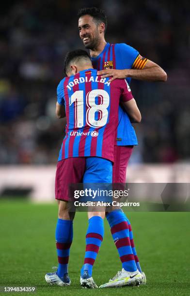 Sergio Busquets of FC Barcelona celebrates their sides second goal with team mate Jordi Alba during the LaLiga Santander match between FC Barcelona...