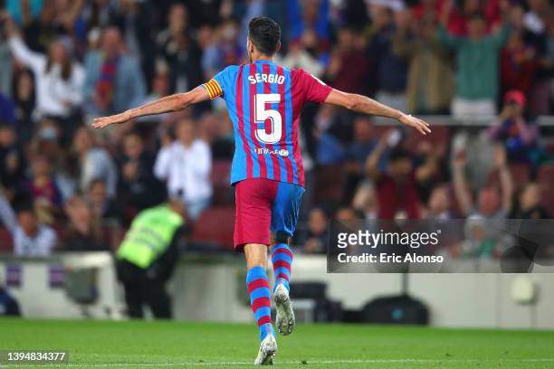 Sergio Busquets of FC Barcelona celebrates scoring his side's 2nd goal during the LaLiga Santander match between FC Barcelona and RCD Mallorca at...