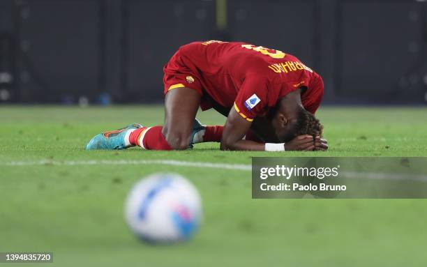 Tammy Abraham of AS Roma reacts during the Serie A match between AS Roma and Bologna FC at Stadio Olimpico on May 01, 2022 in Rome, Italy.