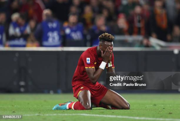 Tammy Abraham of AS Roma reacts during the Serie A match between AS Roma and Bologna FC at Stadio Olimpico on May 01, 2022 in Rome, Italy.