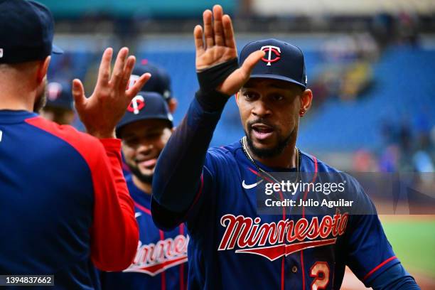 Byron Buxton of the Minnesota Twins celebrates with manager Rocco Baldelli after defeating the Tampa Bay Rays 9-3 at Tropicana Field on May 01, 2022...