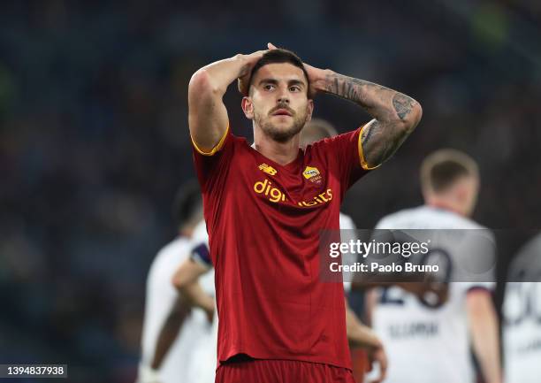 Lorenzo Pellegrini of AS Roma reacts during the Serie A match between AS Roma and Bologna FC at Stadio Olimpico on May 01, 2022 in Rome, Italy.