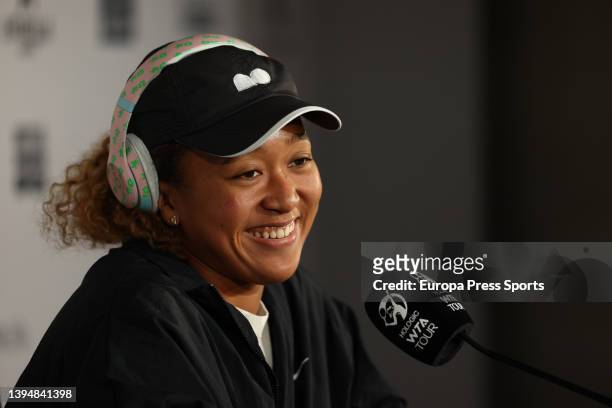 Naomi Osaka of Japan attends her press conference during the Mutua Madrid Open 2022 at La Caja Magica on May 01 in Madrid, Spain.