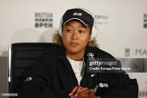 Naomi Osaka of Japan attends her press conference during the Mutua Madrid Open 2022 at La Caja Magica on May 01 in Madrid, Spain.