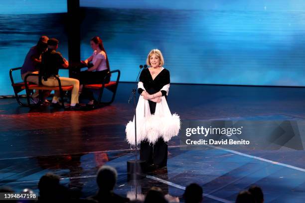 Carmen Maura is seen holding the Honorary Award for "El reino" during the ceremony of Platino Awards for Ibero-American Cinema 2022 at IFEMA Palacio...